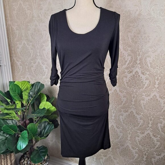Lysse Size Small Black BodyCon Dress Ruched Sides and Sleeves Scoop Neck EUC - Picture 1 of 13